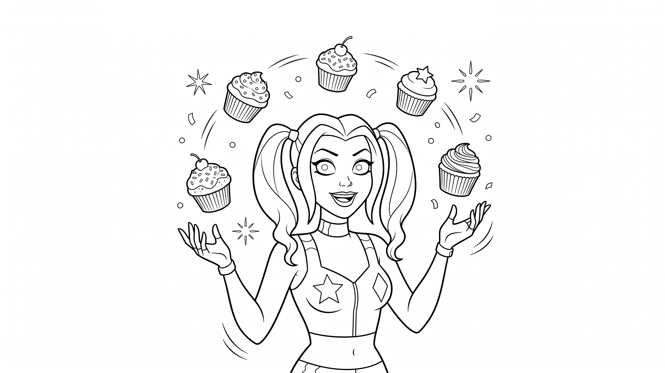 Harley Quinn mit Cupcakes Ausmalbild