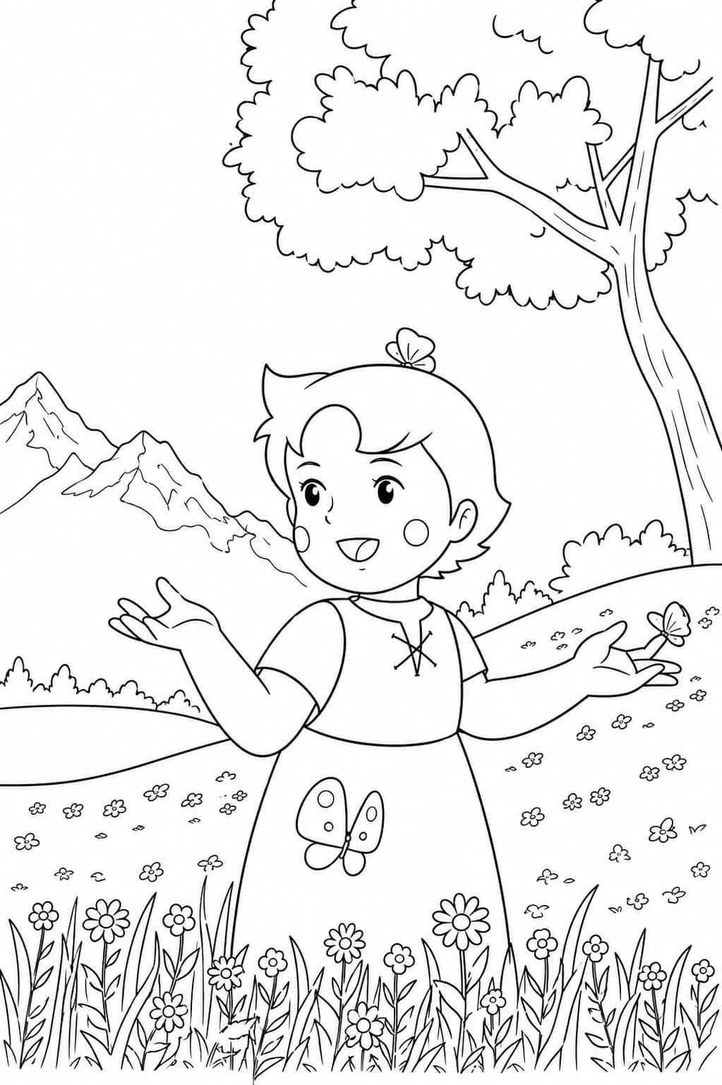 Heidi auf der Blumenwiese Ausmalbild