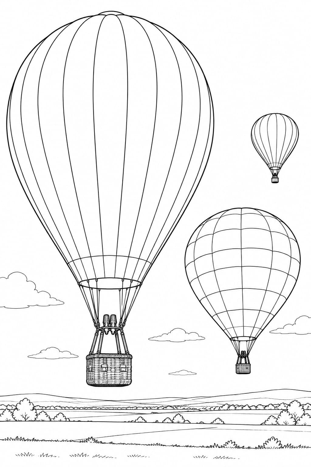 Heißluftballons beim Ballonfestival – realistische Malvorlage in Schwarz-Weiß