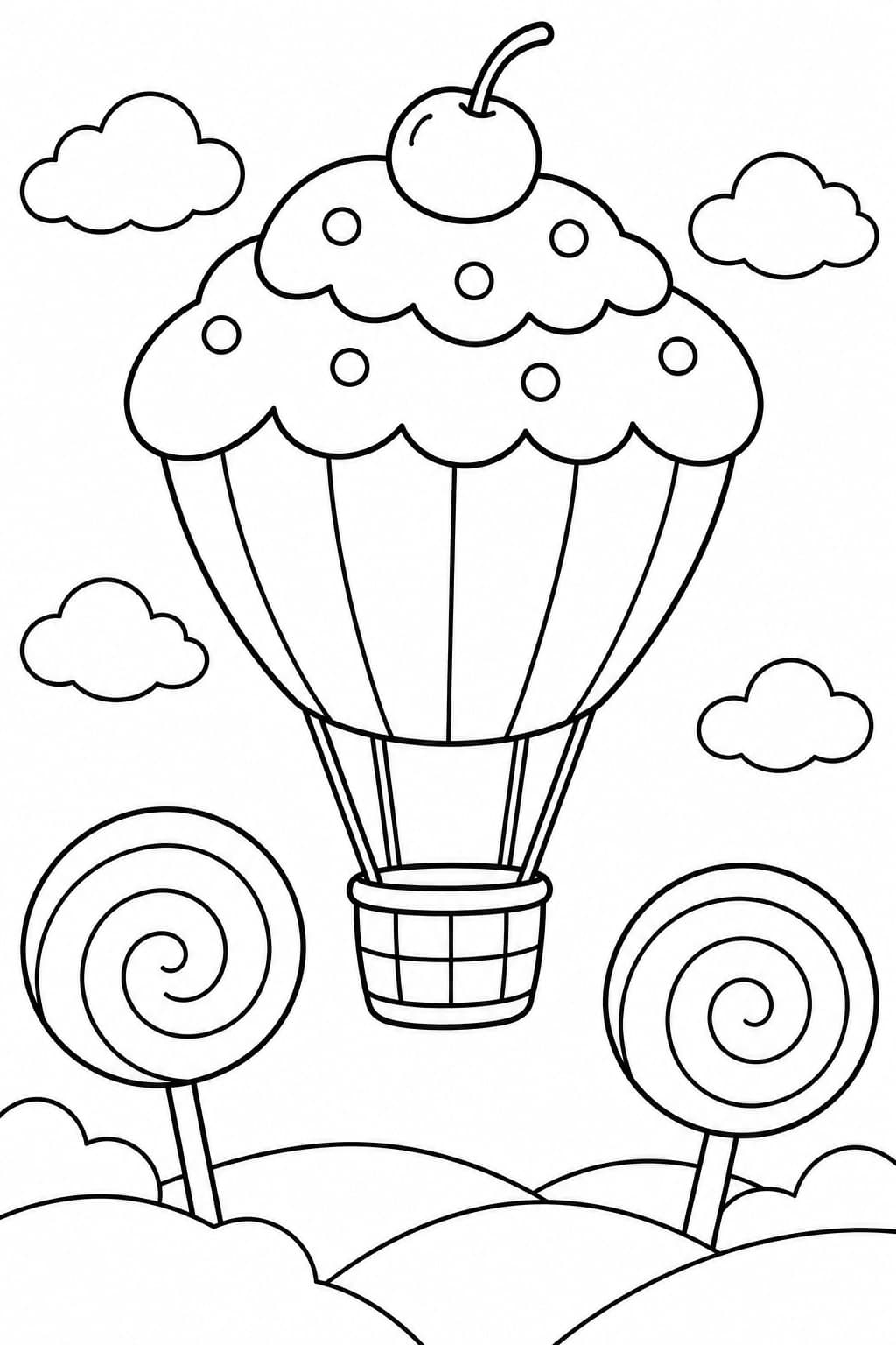 Heißluftballon im Süßigkeitenland – Ausmalbild in Schwarz-Weiß