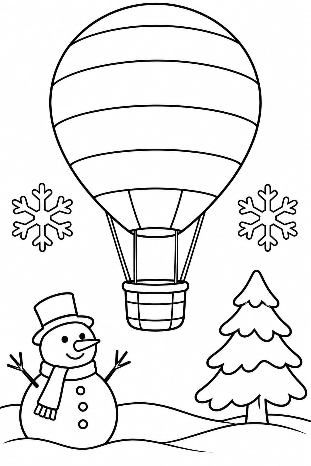 Heißluftballon im Winter – Ausmalbild in Schwarz-Weiß