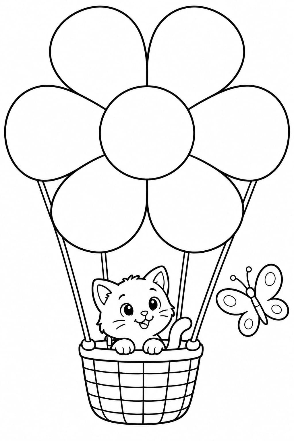 Blumenballon mit Katze – Ausmalbild in Schwarz-Weiß