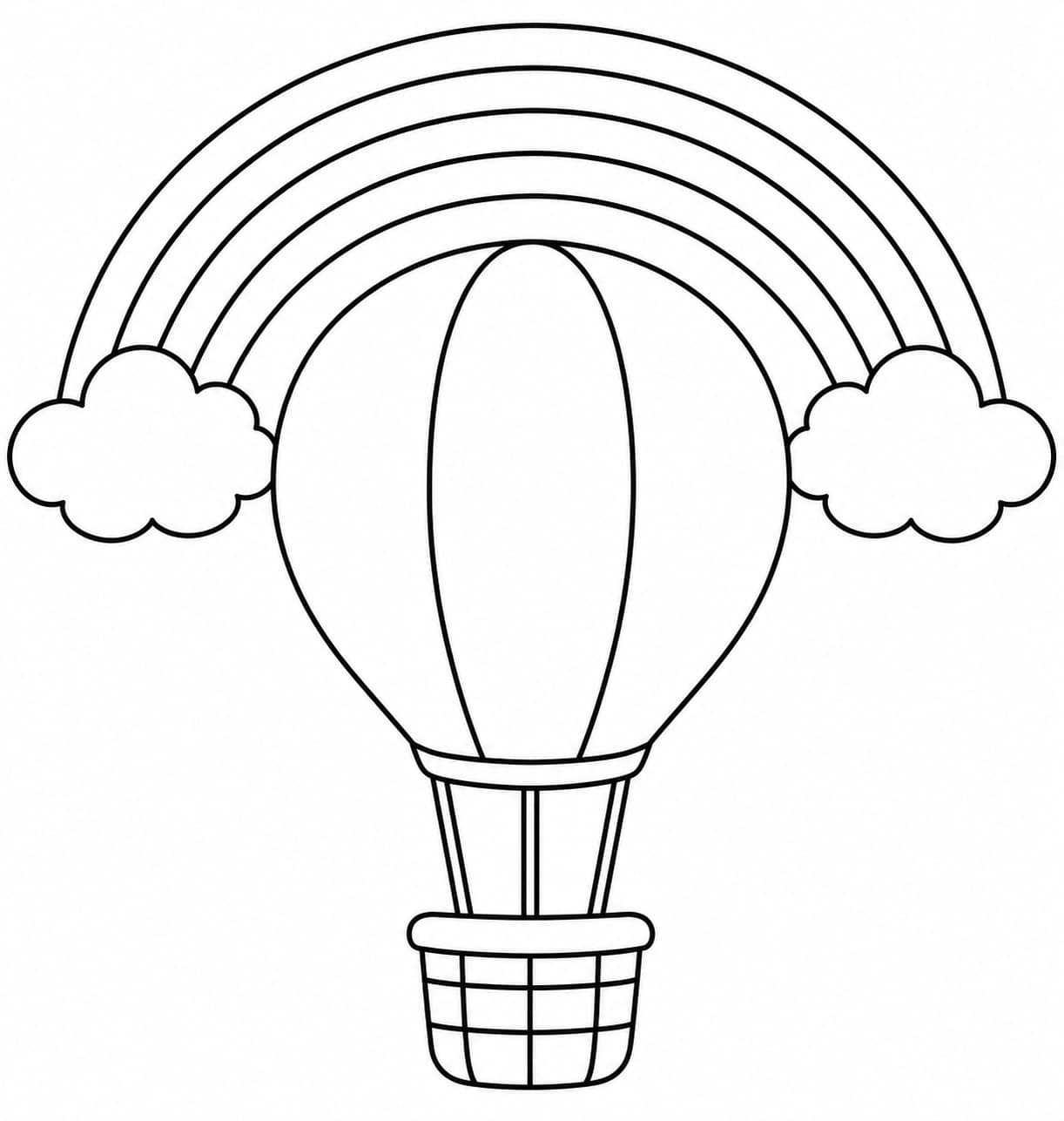 Heißluftballon vor dem Regenbogen – Ausmalbild in Schwarz-Weiß