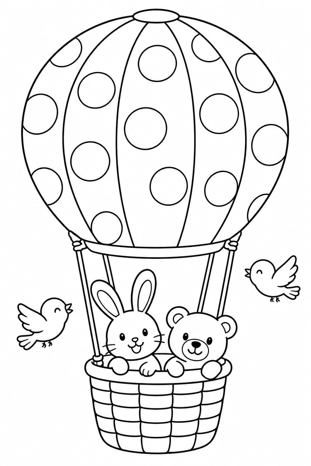 Tierfreunde auf Ballonfahrt – Ausmalbild in Schwarz-Weiß