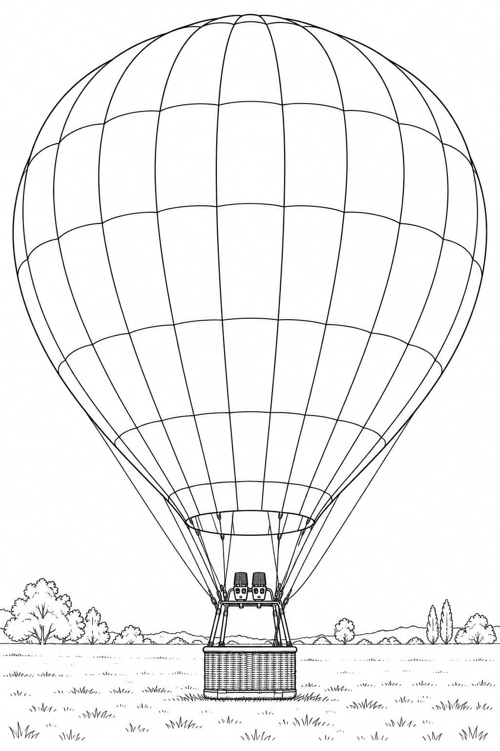 Heißluftballon beim Start – realistische Malvorlage in Schwarz-Weiß
