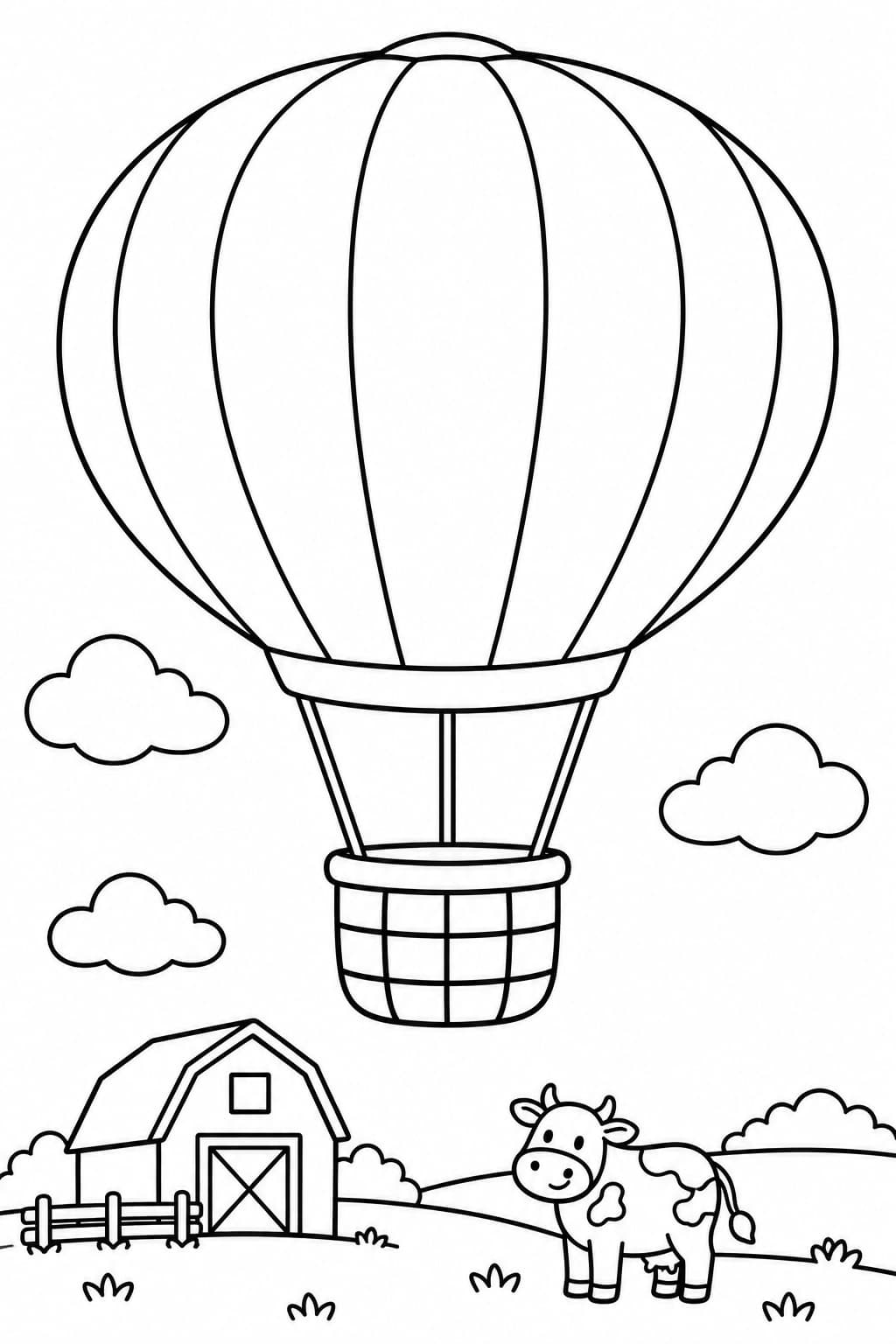 Ballonfahrt über dem Bauernhof – Ausmalbild in Schwarz-Weiß