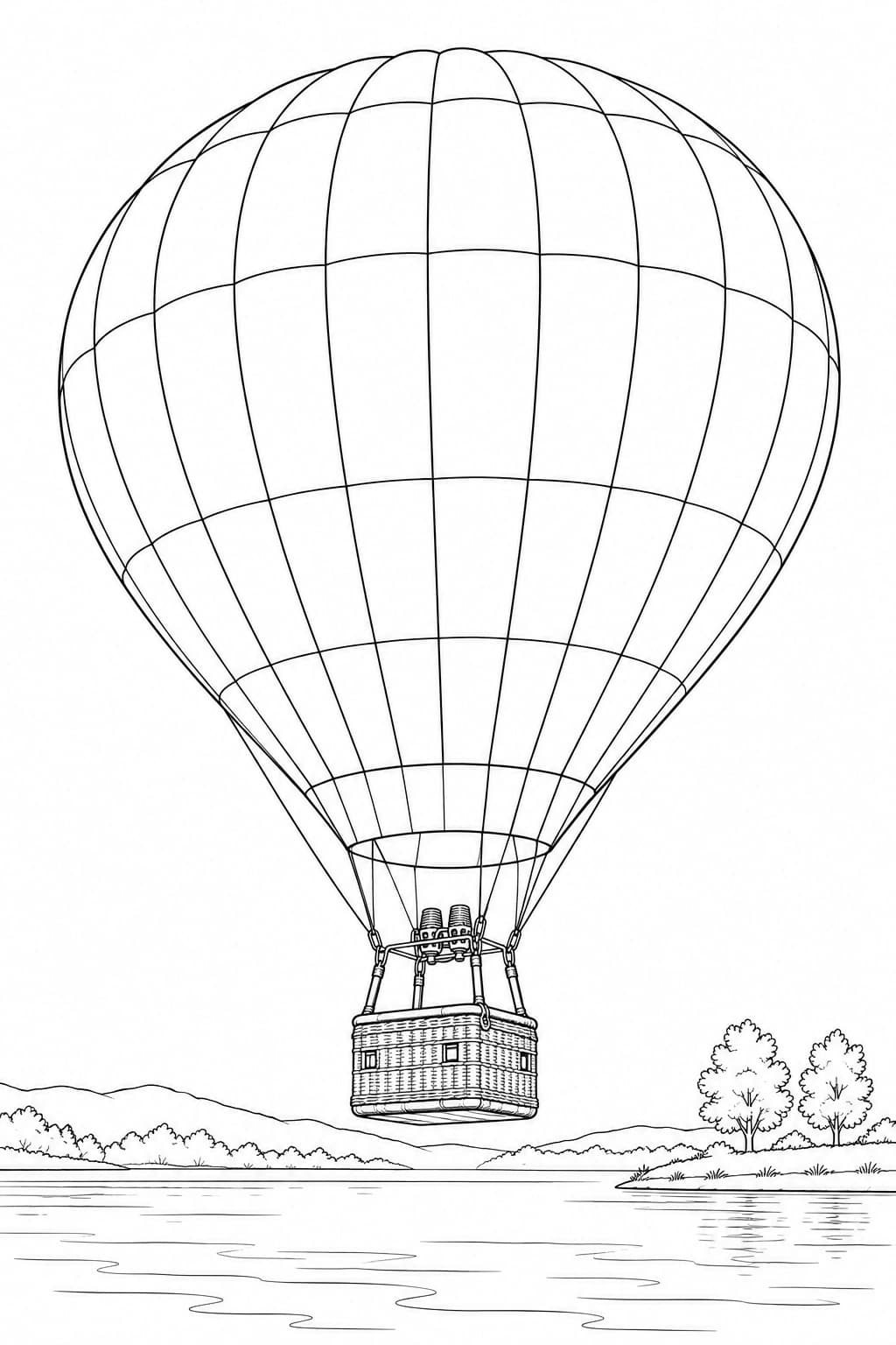 Heißluftballon über dem See – realistische Malvorlage in Schwarz-Weiß