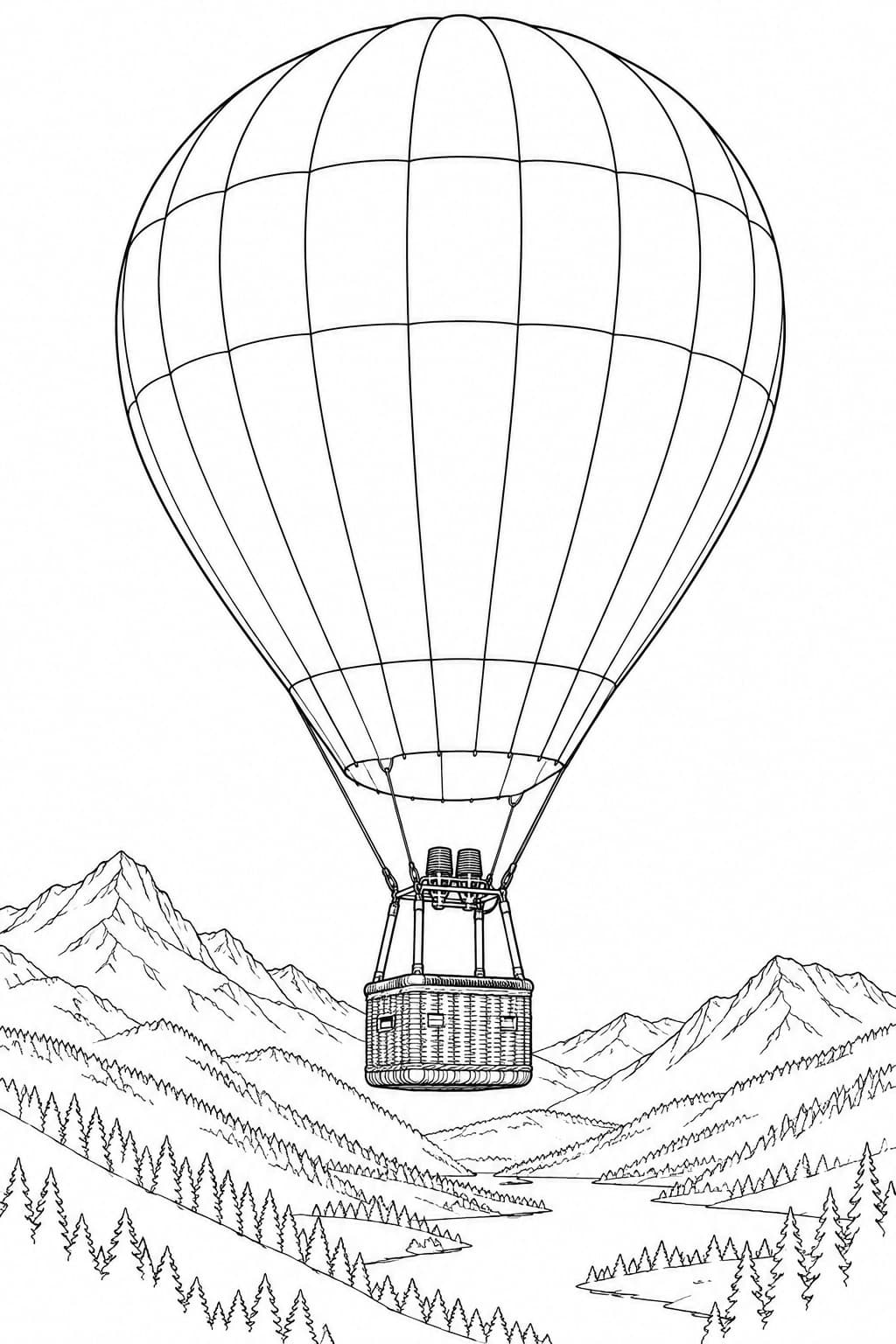 Heißluftballon über den Bergen – realistische Malvorlage in Schwarz-Weiß