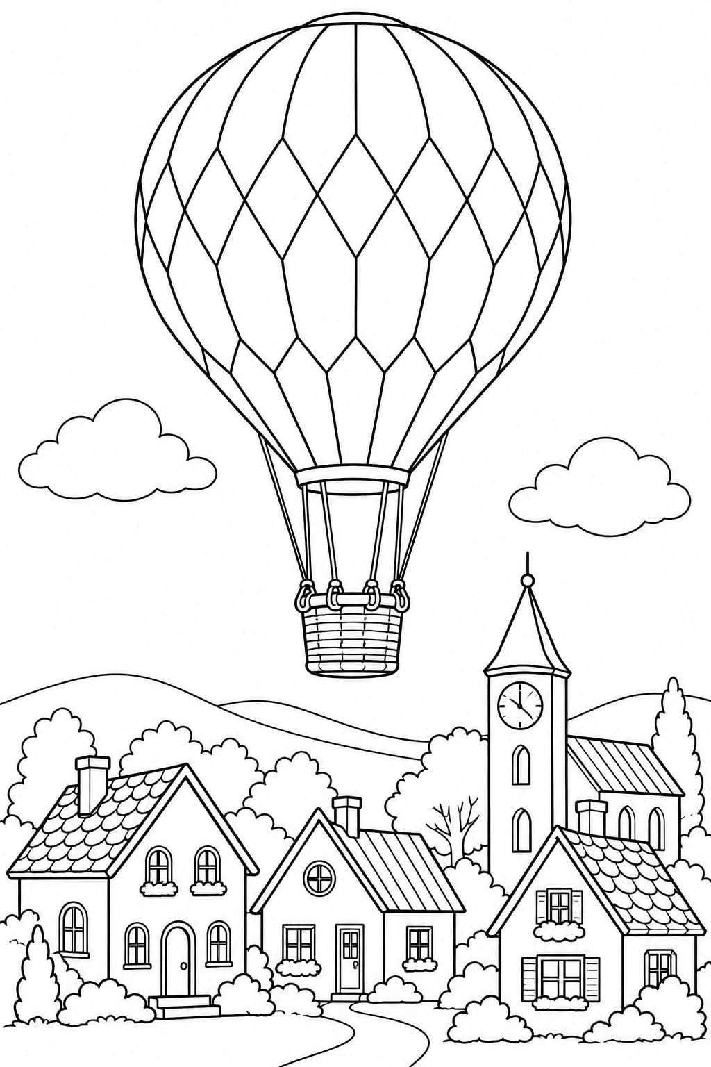 Heißluftballon über der Stadt – Ausmalbild in Schwarz-Weiß