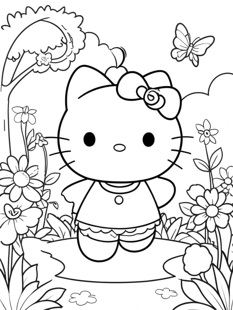 Hello Kitty im Garten Ausmalbild