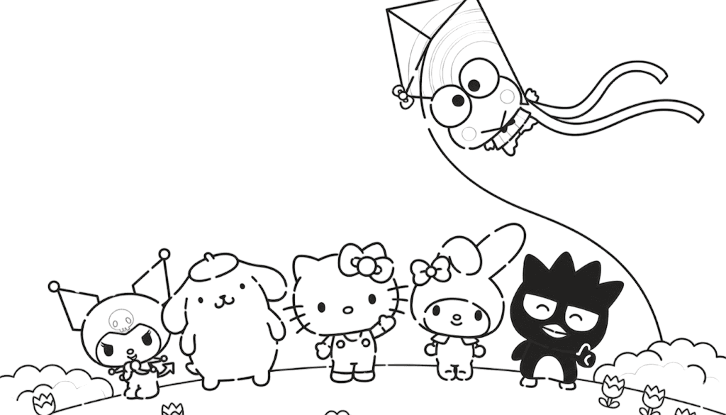 Hello Kitty mit Freunden im Garten Ausmalbild