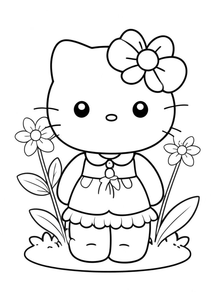 Hello Kitty neben Blumen Ausmalbild