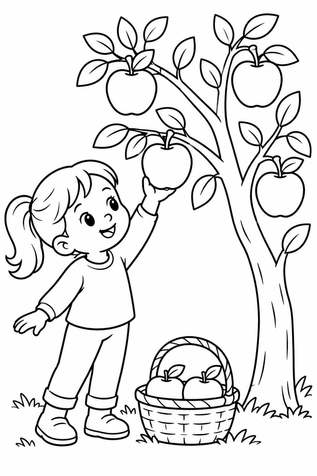 Apfelernte im Garten – einfache Malvorlage für Kinder
