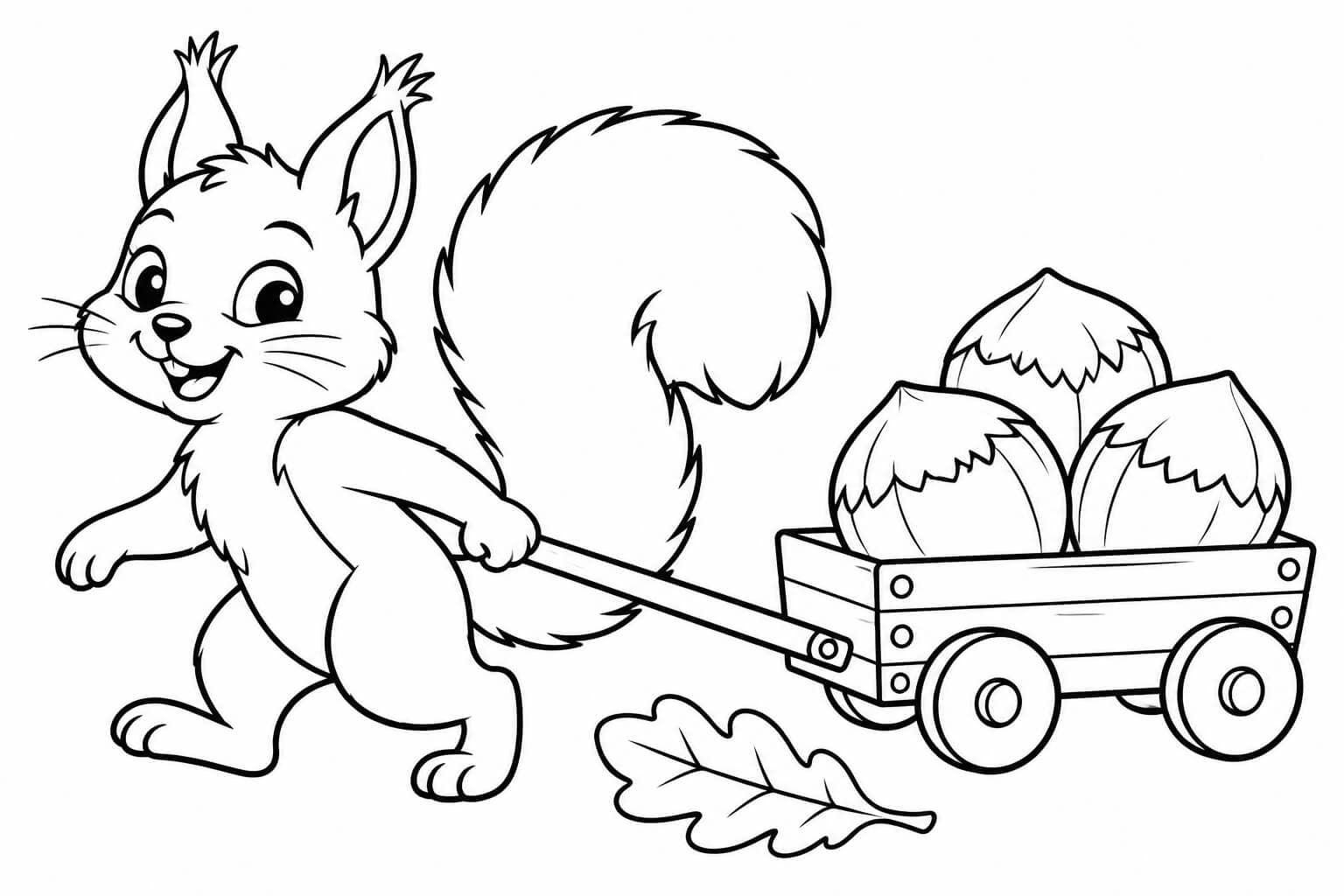 Eichhörnchen mit Nusswagen – einfache Malvorlage für Kinder