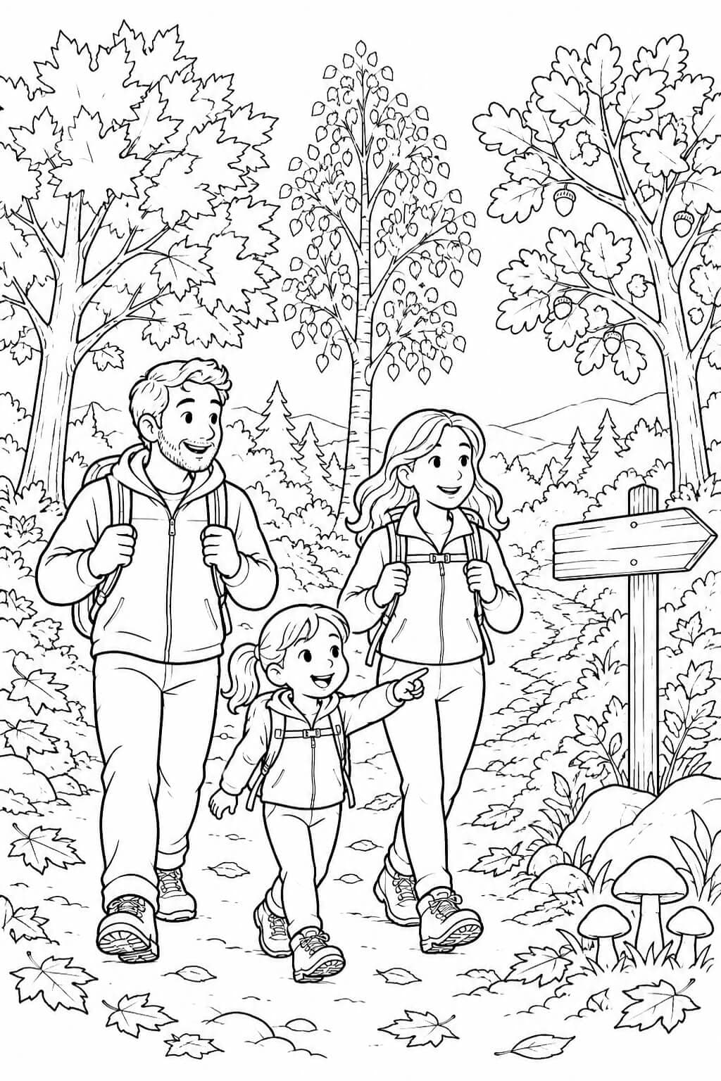 Familienausflug in den Herbstwald – Malvorlage in Schwarz-Weiß