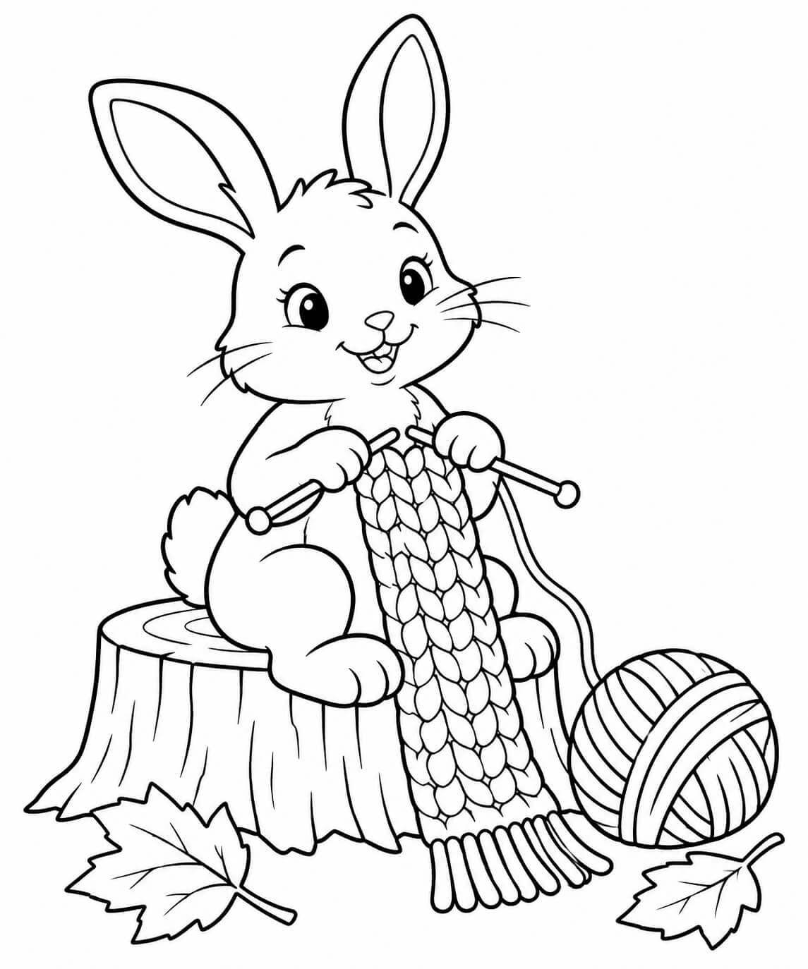 Ein Hase strickt einen Herbstschal – einfache Malvorlage für Kinder