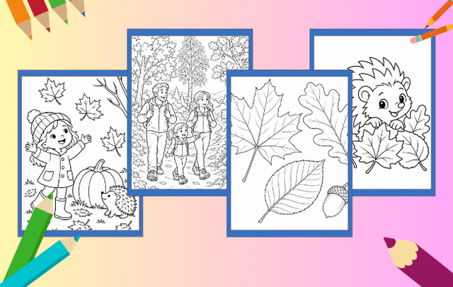 Herbst Ausmalbilder mit Kindern, Kastanien, Drachen, Kürbissen und Waldtieren