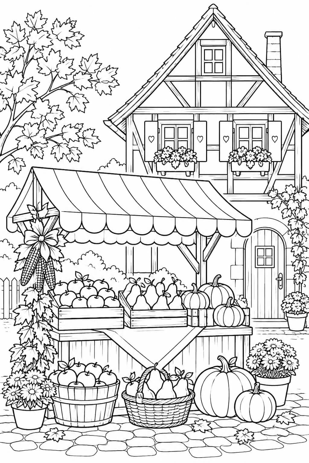 Herbstmarkt vor dem Fachwerkhaus – Malvorlage in Schwarz-Weiß