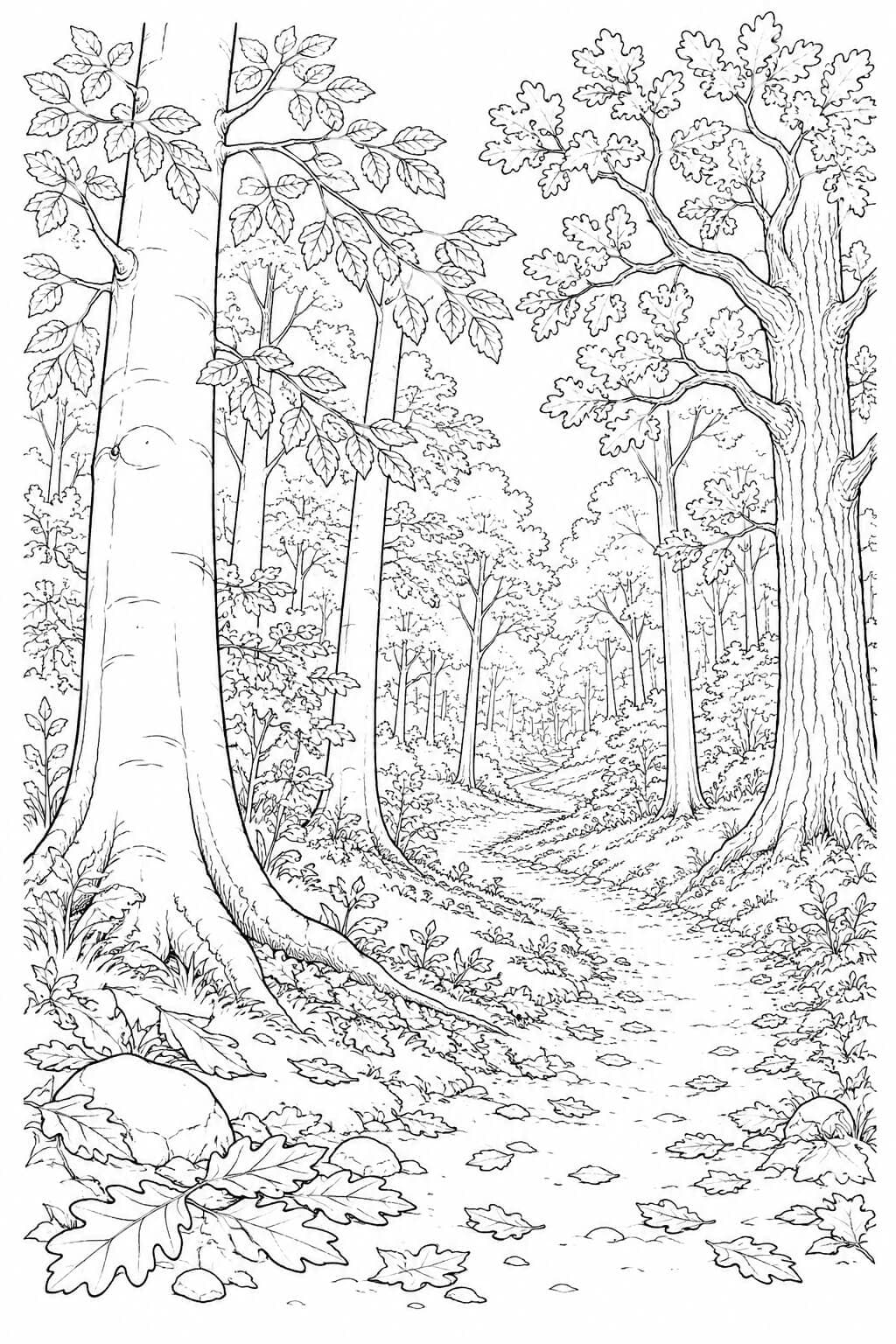 Realistischer Herbstwald – Malvorlage in Schwarz-Weiß
