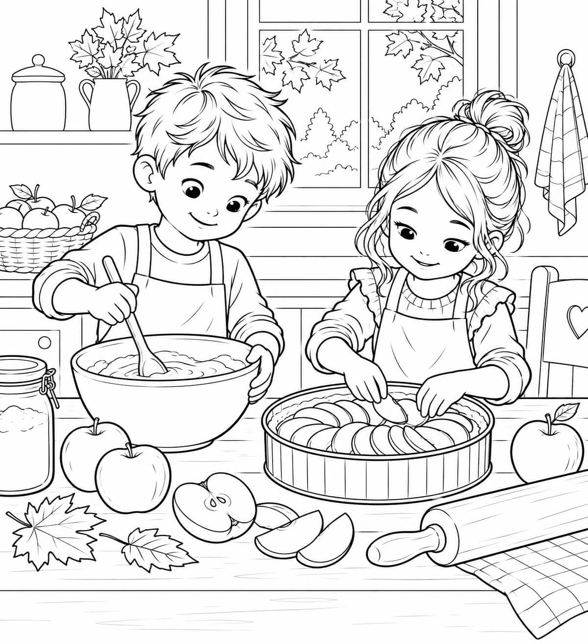 Kinder backen einen Apfelkuchen – Malvorlage in Schwarz-Weiß