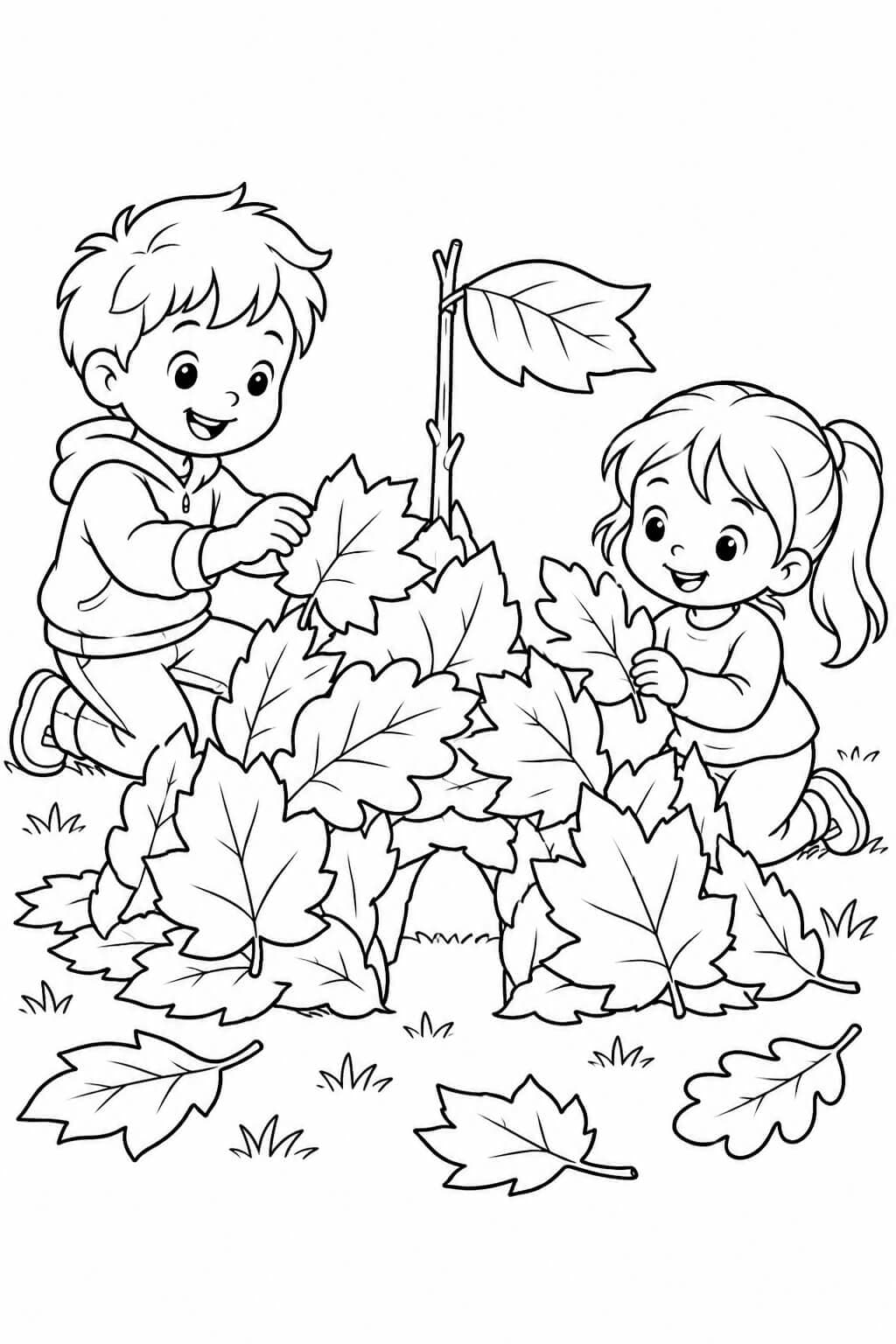 Kinder bauen eine Laubburg – einfache Malvorlage für Kinder