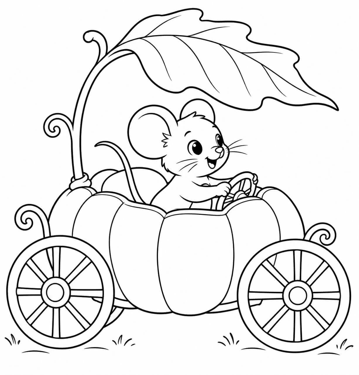 Eine Maus fährt im Kürbiswagen – einfache Malvorlage für Kinder