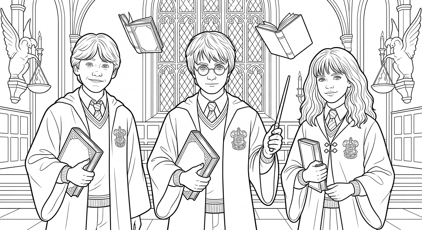 Hermine Granger, Harry Potter und Ron Weasley Ausmalbild
