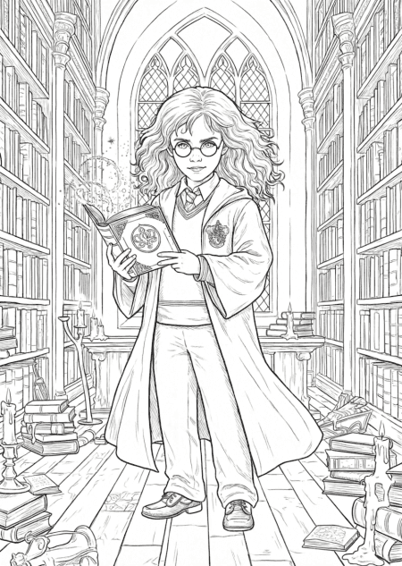 Hermine Granger mit magischem Buch Ausmalbild
