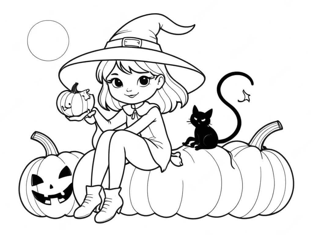 Hexe mit Kürbis und schwarzer Katze Ausmalbild