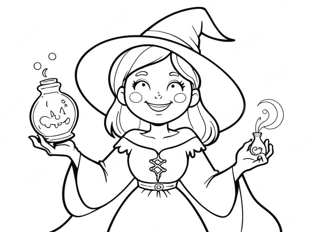 Hexe mit magischen Tränken Ausmalbild