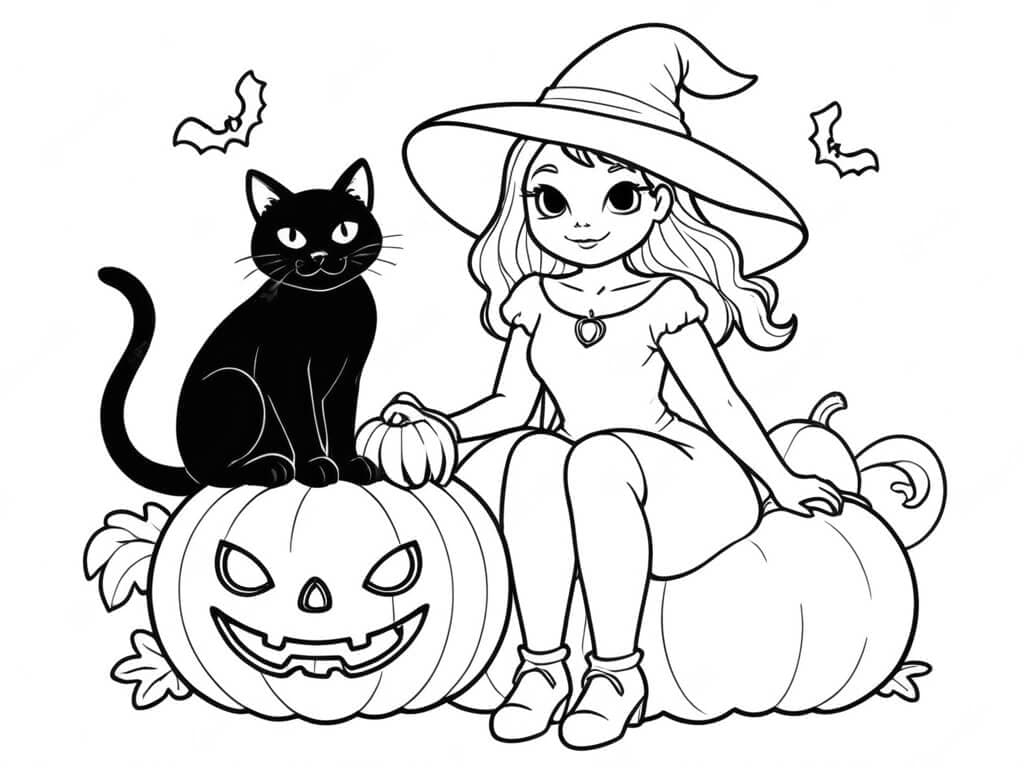 Hexe und schwarze Katze Ausmalbild