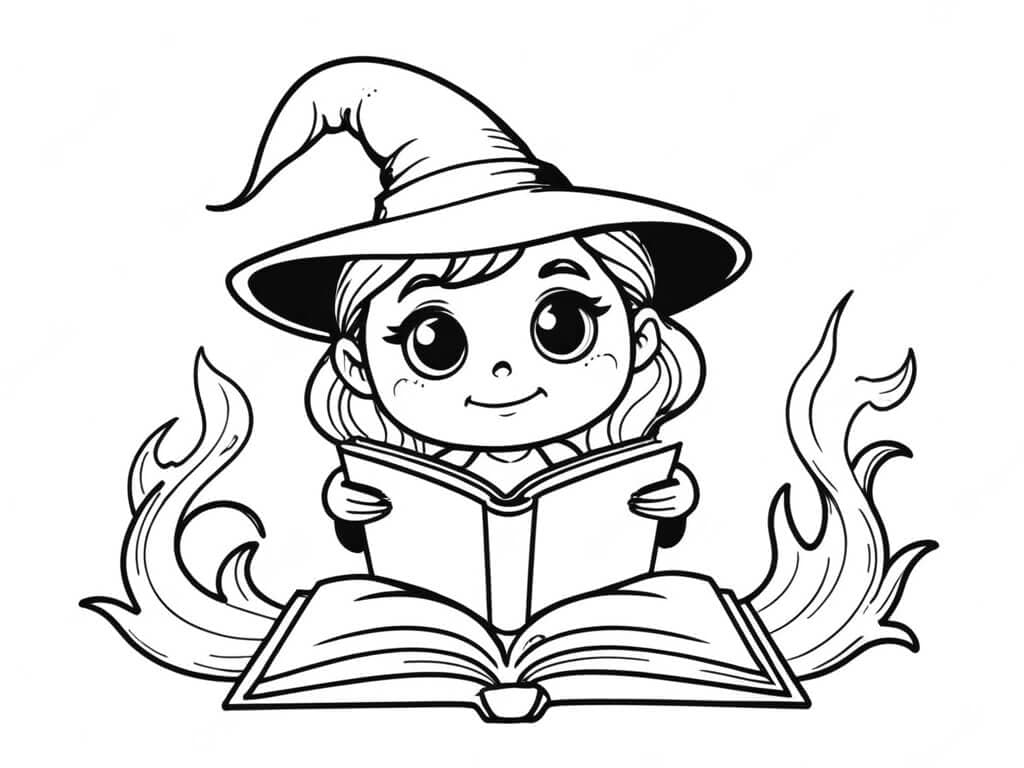 Kleine Hexe liest Buch Ausmalbild