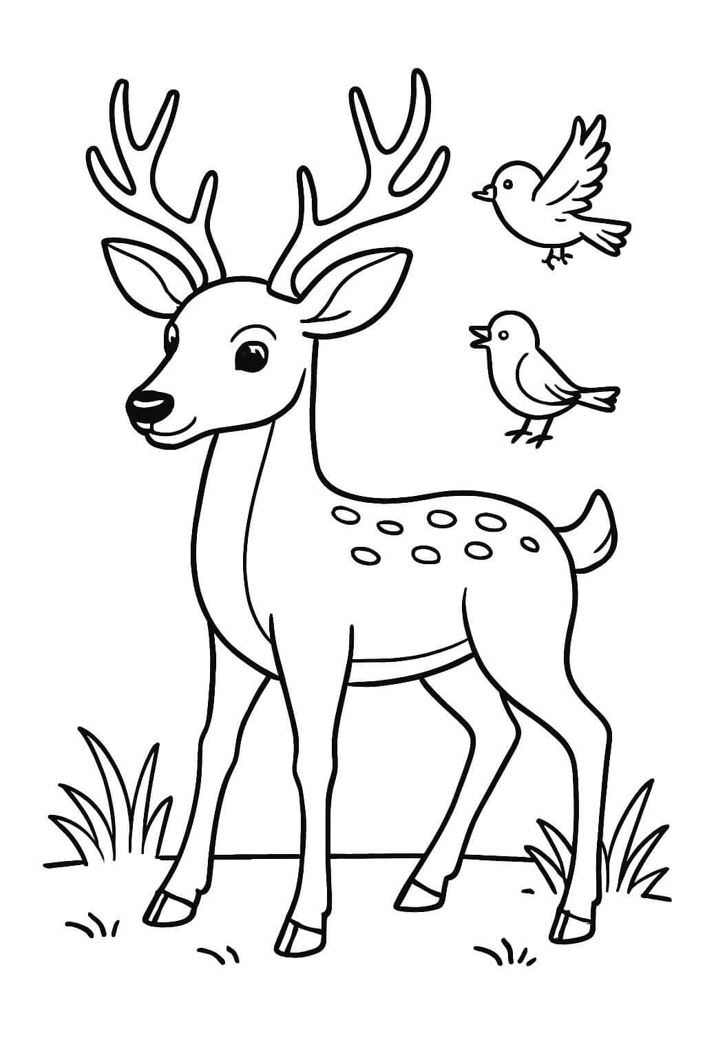 Hirsch und Vögel Ausmalbild