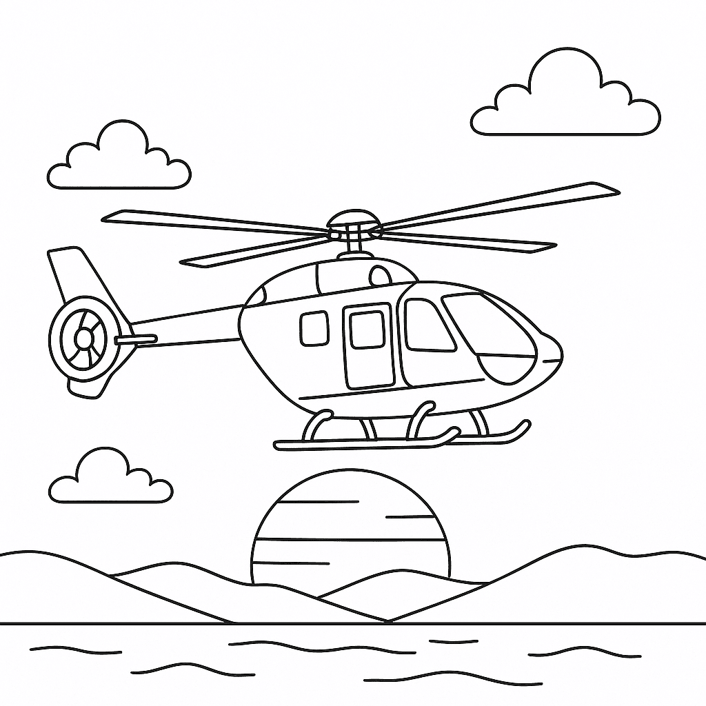 Hubschrauber im Sonnenuntergang Ausmalbild