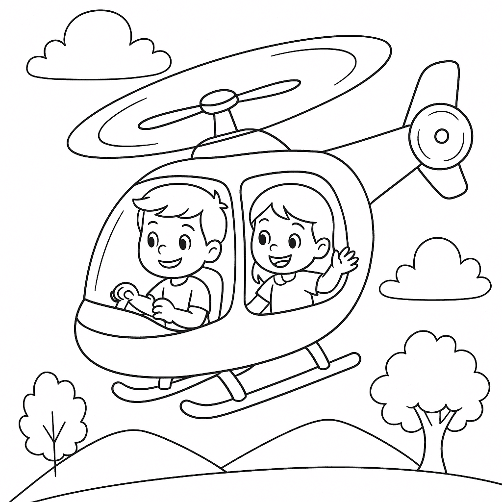 Kinder im Hubschrauber Ausmalbild