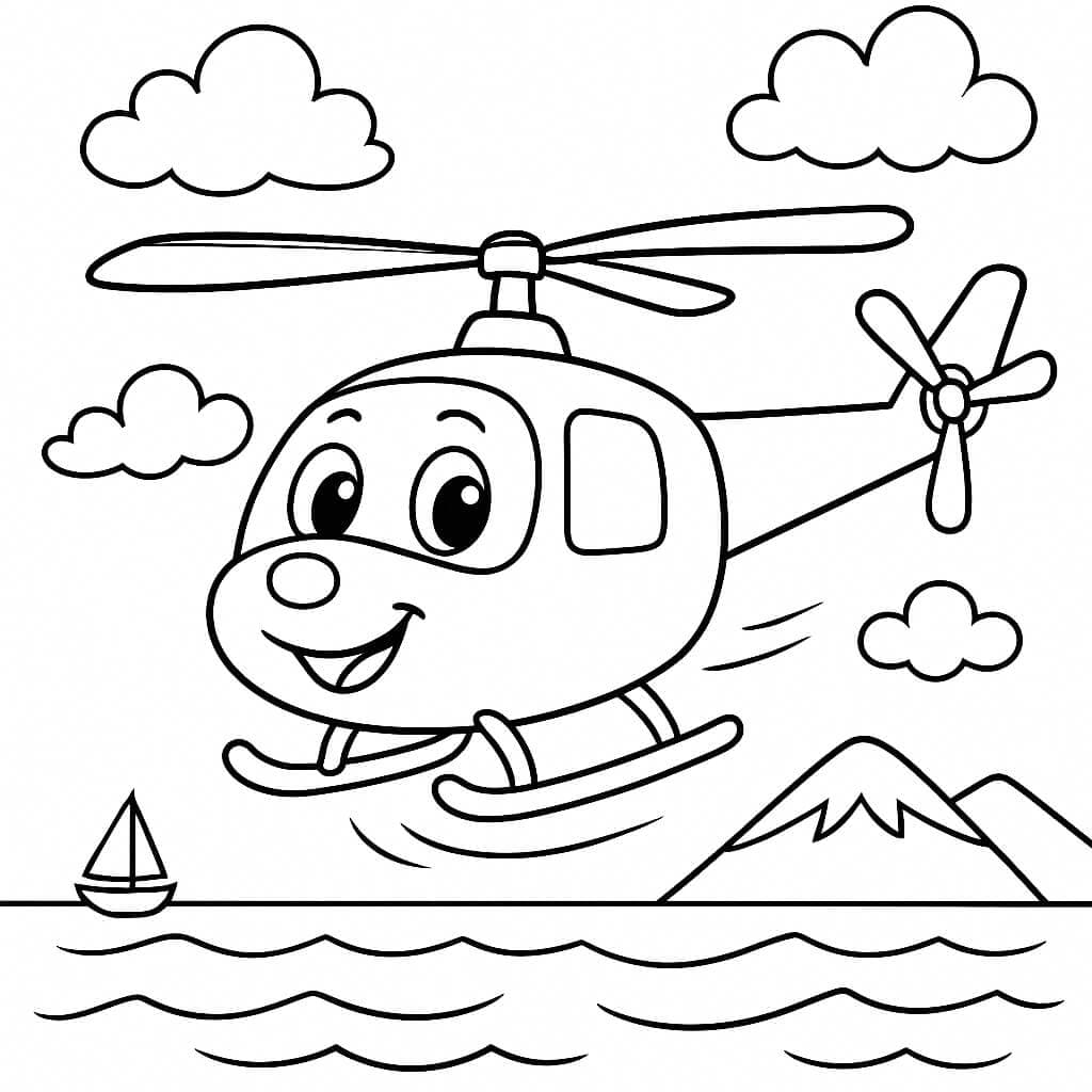 Lachender Hubschrauber über dem Meer Ausmalbild