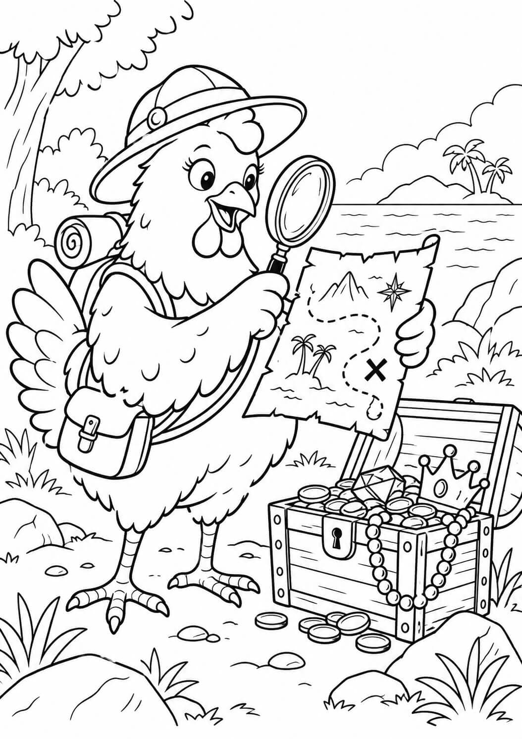 Huhn auf Schatzsuche Ausmalbild
