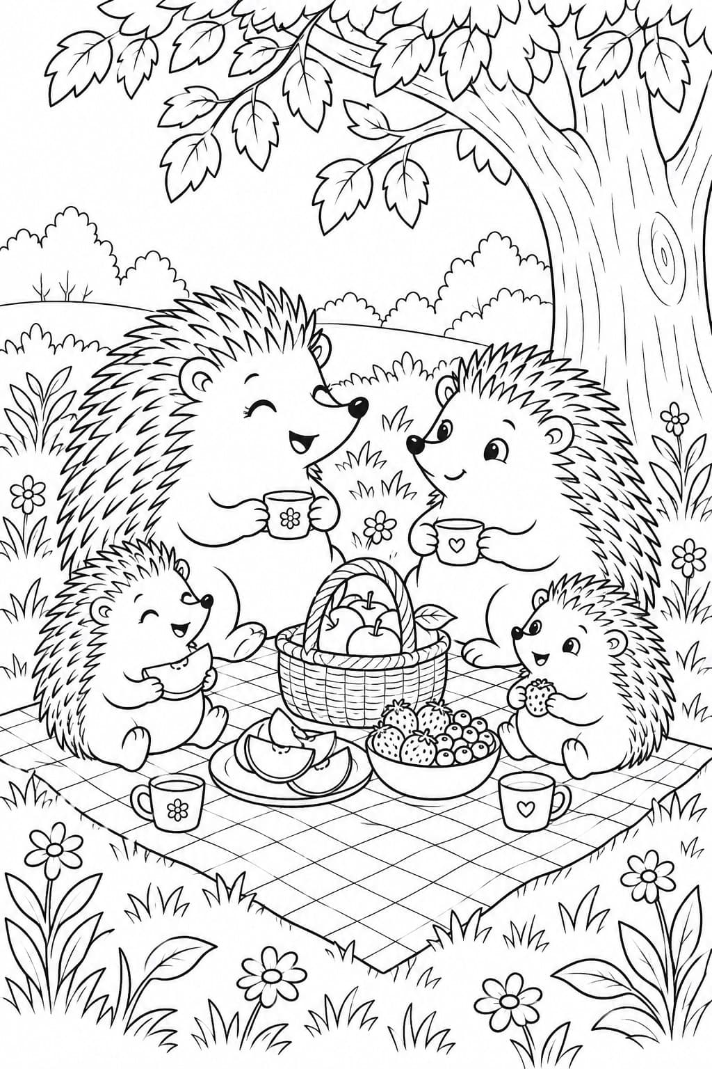 Igelfamilie beim Picknick unter einem Baum Ausmalbild