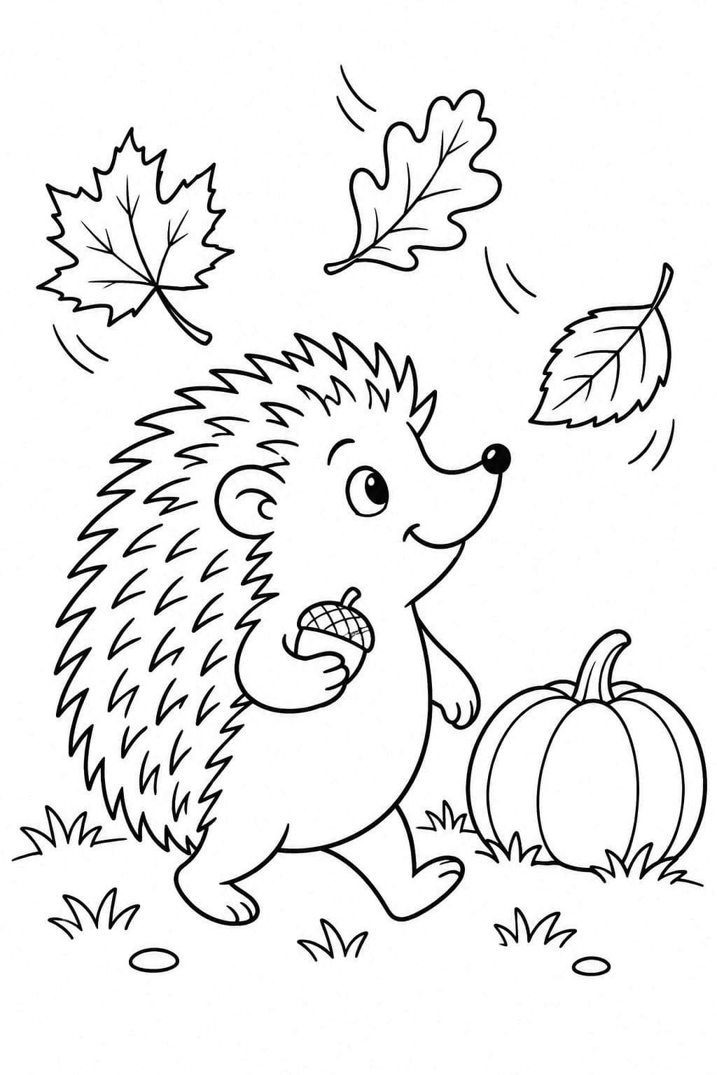 Igel mit Eichel und Kürbis im Herbst Ausmalbild