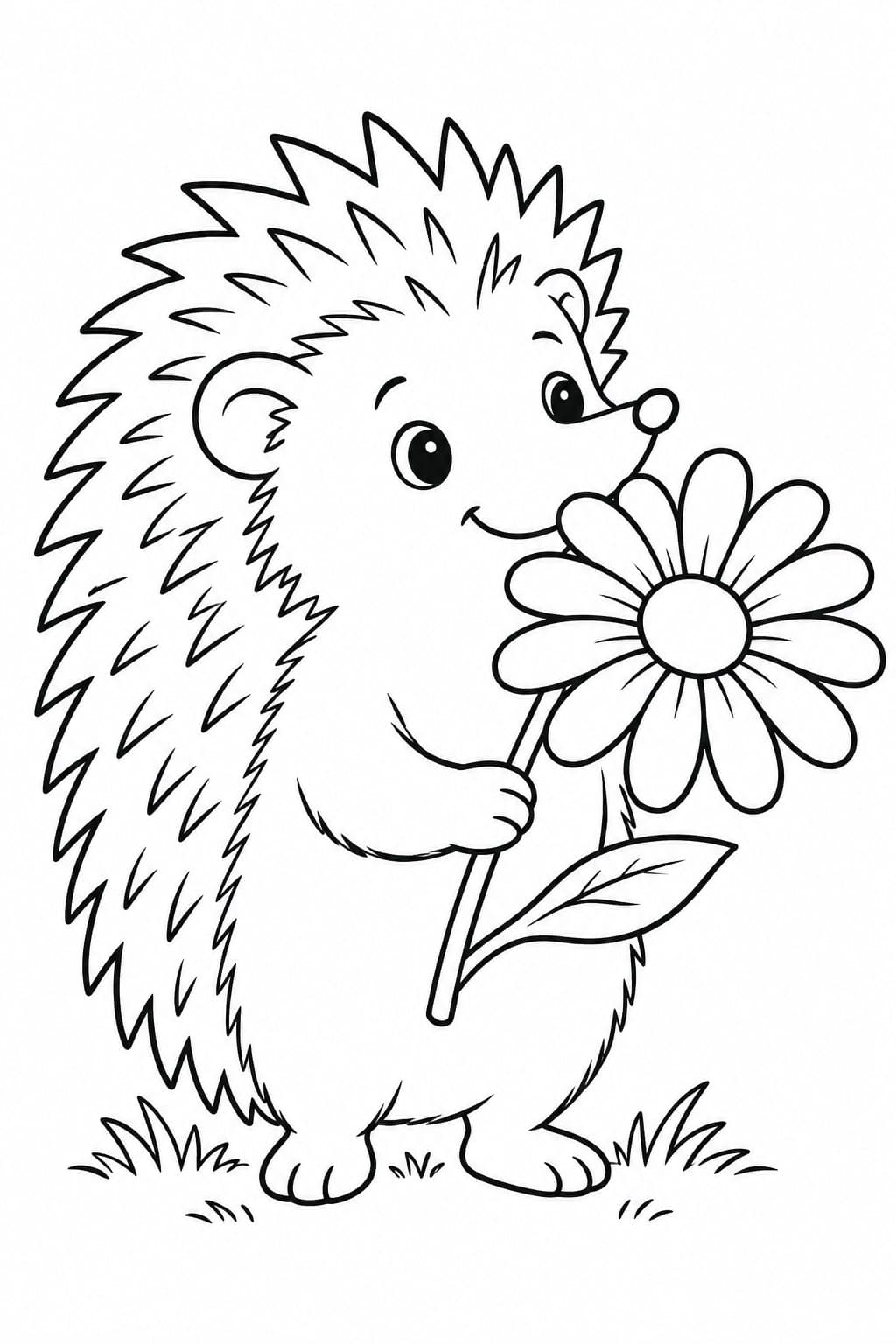 Igel hält eine große Blume Ausmalbild