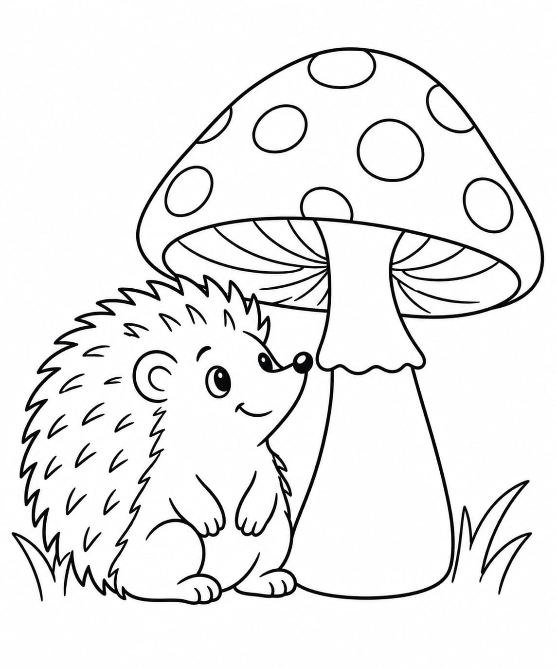 Igel neben einem großen Pilz Ausmalbild