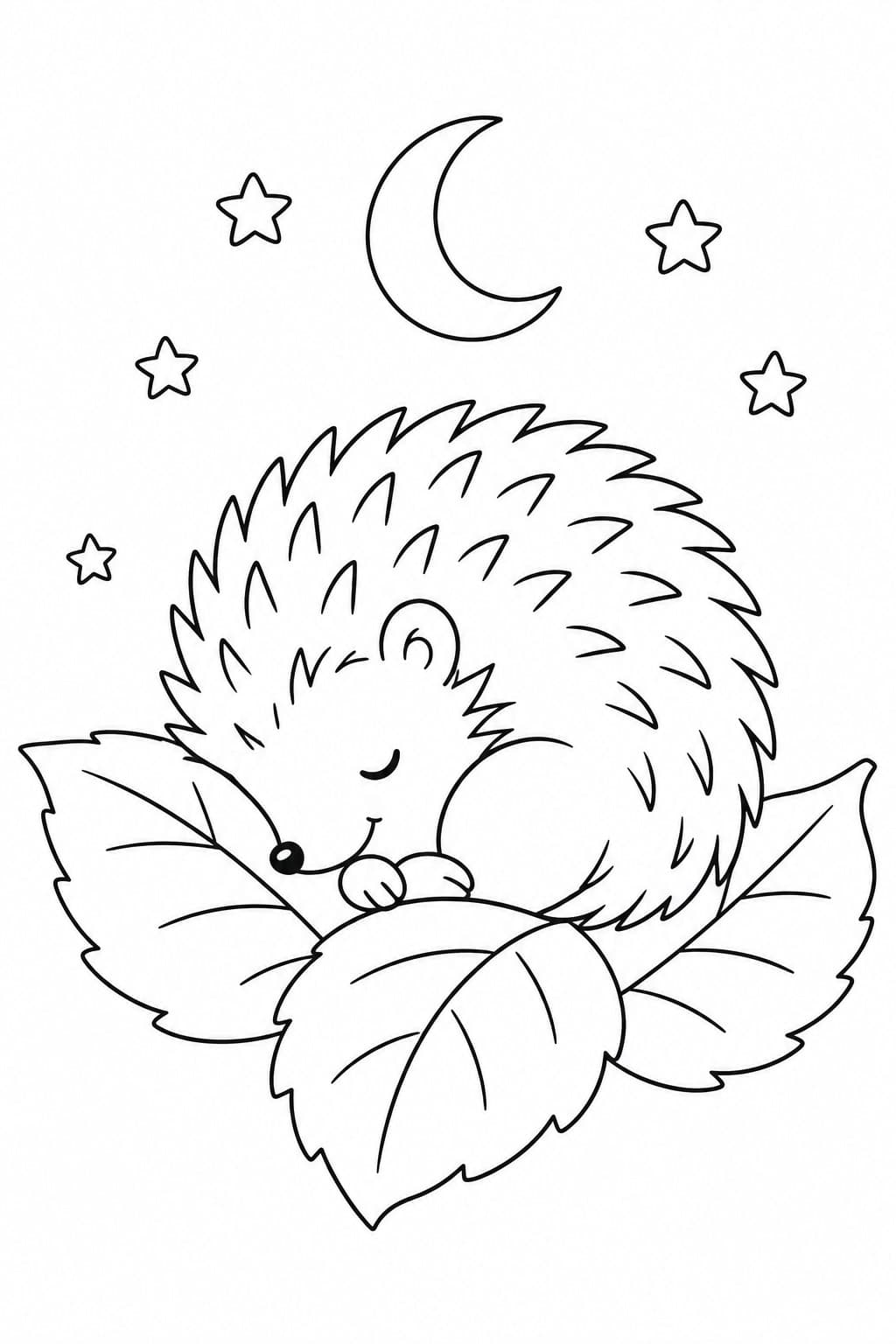 Schlafender Igel auf Blättern bei Mondschein Ausmalbild