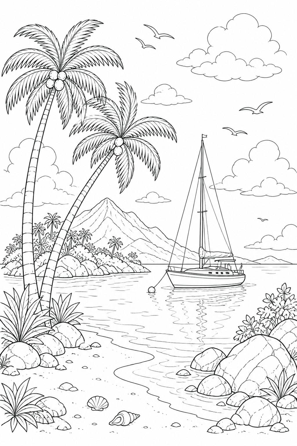 Einsame Insel mit Segelboot Ausmalbild