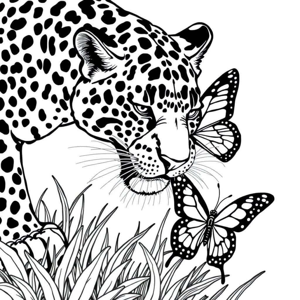 Jaguar mit Schmetterlingen Ausmalbild