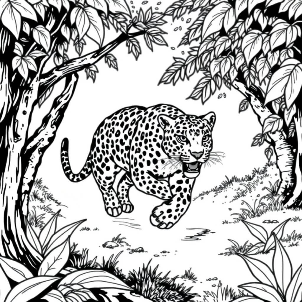 Jaguar rennt im Wald Ausmalbild