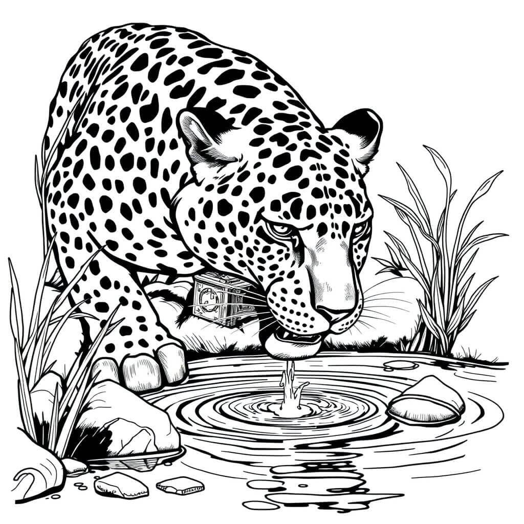 Jaguar trinkt am Fluss Ausmalbild