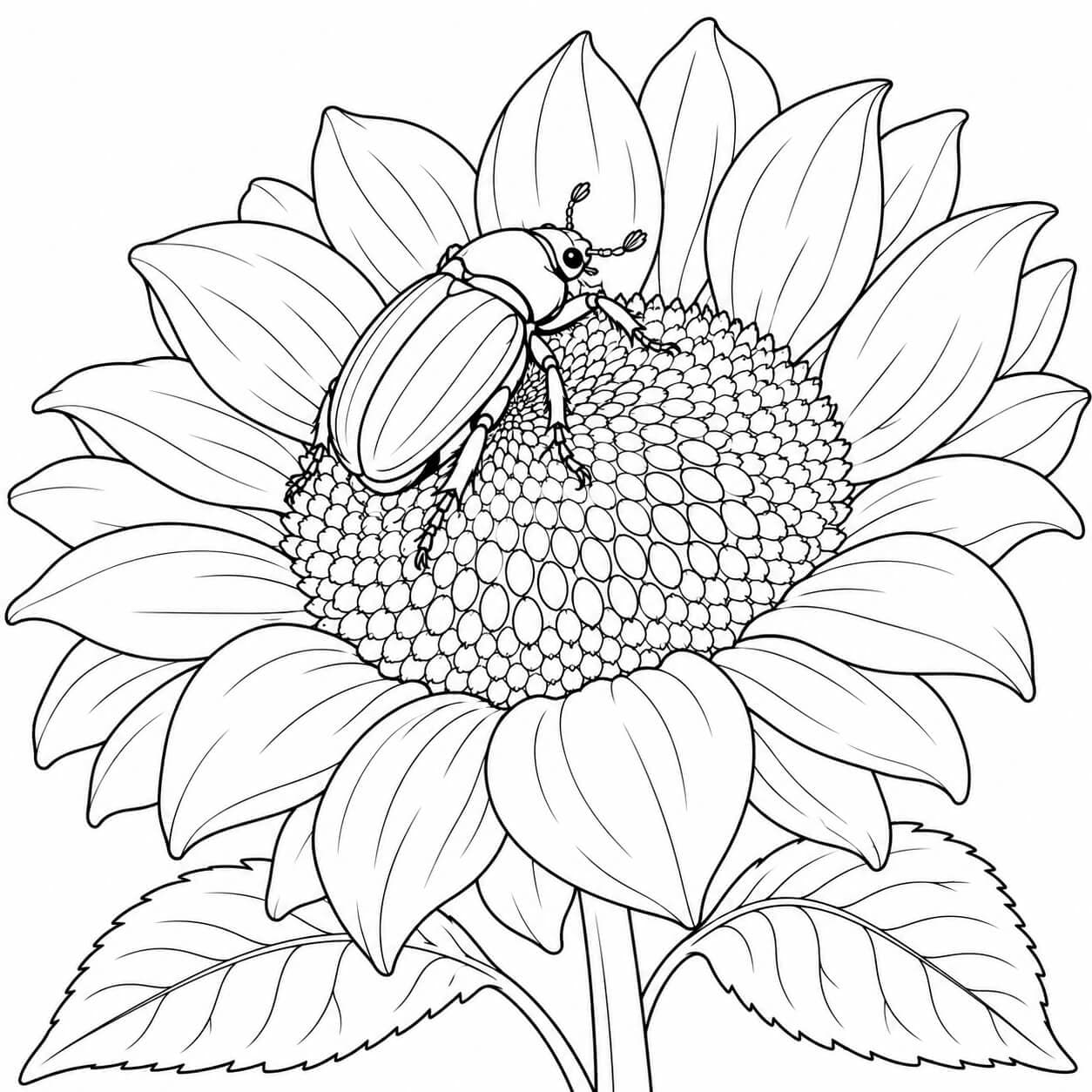 Käfer auf einer Sonnenblume – Ausmalbild in Schwarz-Weiß