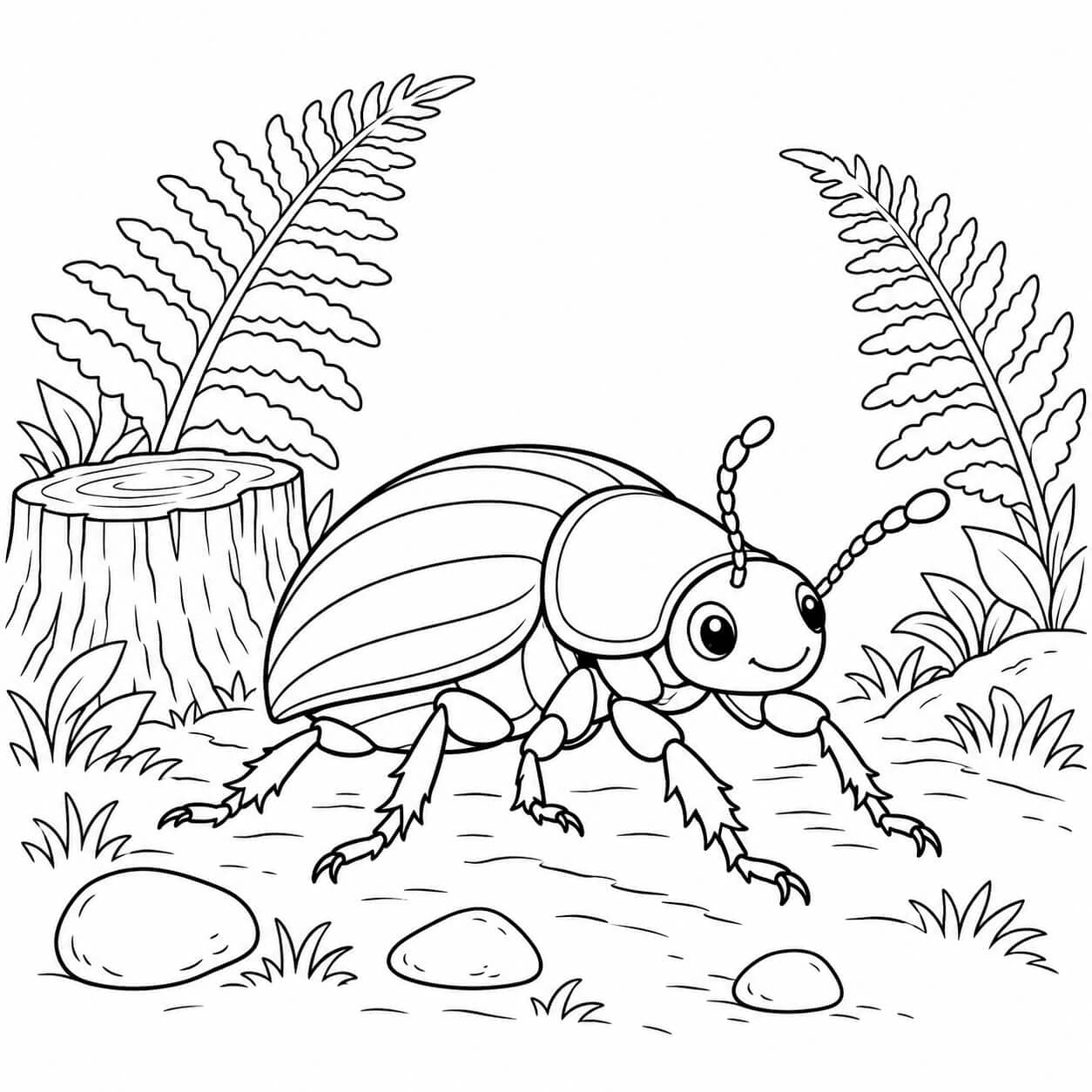 Käfer auf einem Waldweg – Ausmalbild in Schwarz-Weiß