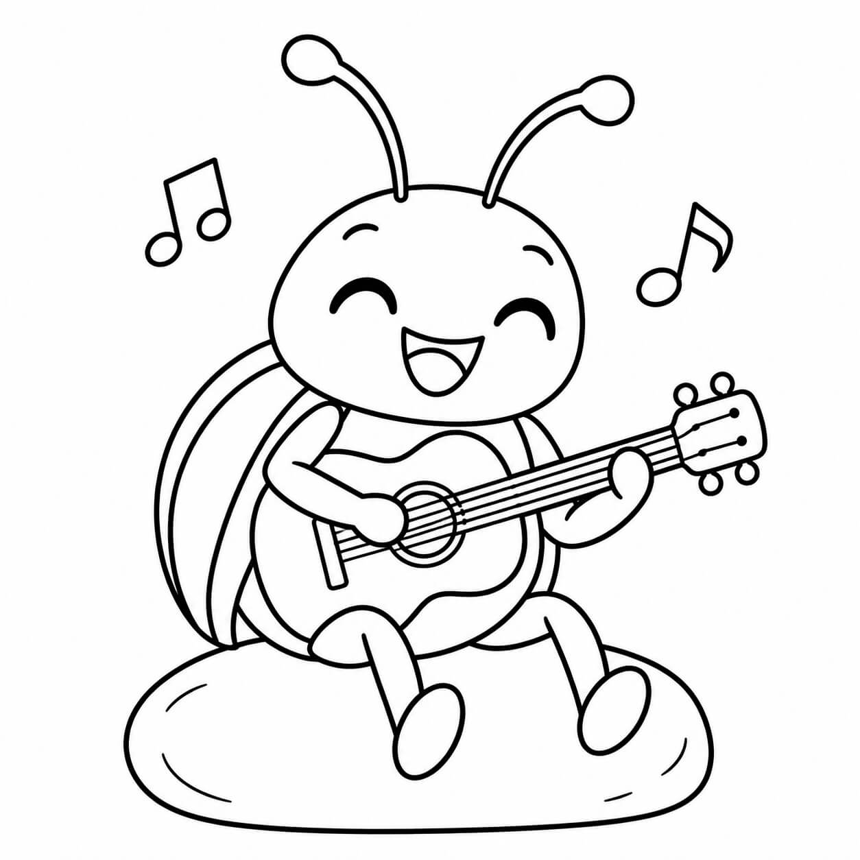 Käfer spielt Gitarre – Ausmalbild in Schwarz-Weiß