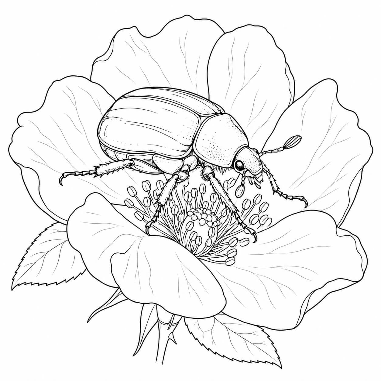 Realistischer Rosenkäfer auf einer Blüte – Ausmalbild in Schwarz-Weiß
